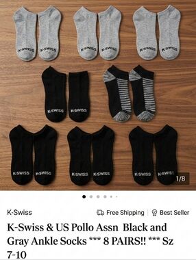 K-Swiss & US Pollo Assn  Black and Gray Ankle Socks *** 8 PAIRS!! *** Sz 7-10